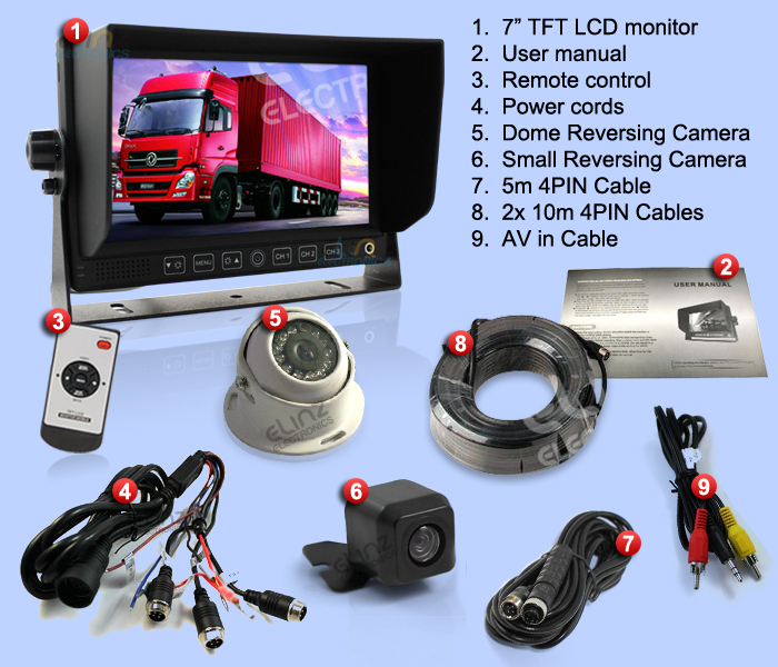 7inch Monitor Reversing CCD 2 Camera 4PIN 3AV Caravan Kit package