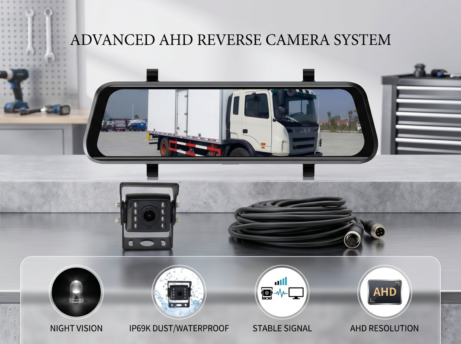 Advanced AHD reverse camera system kit with monitor, camera, cable, night vision, IP69K waterproof rating and stable signal features