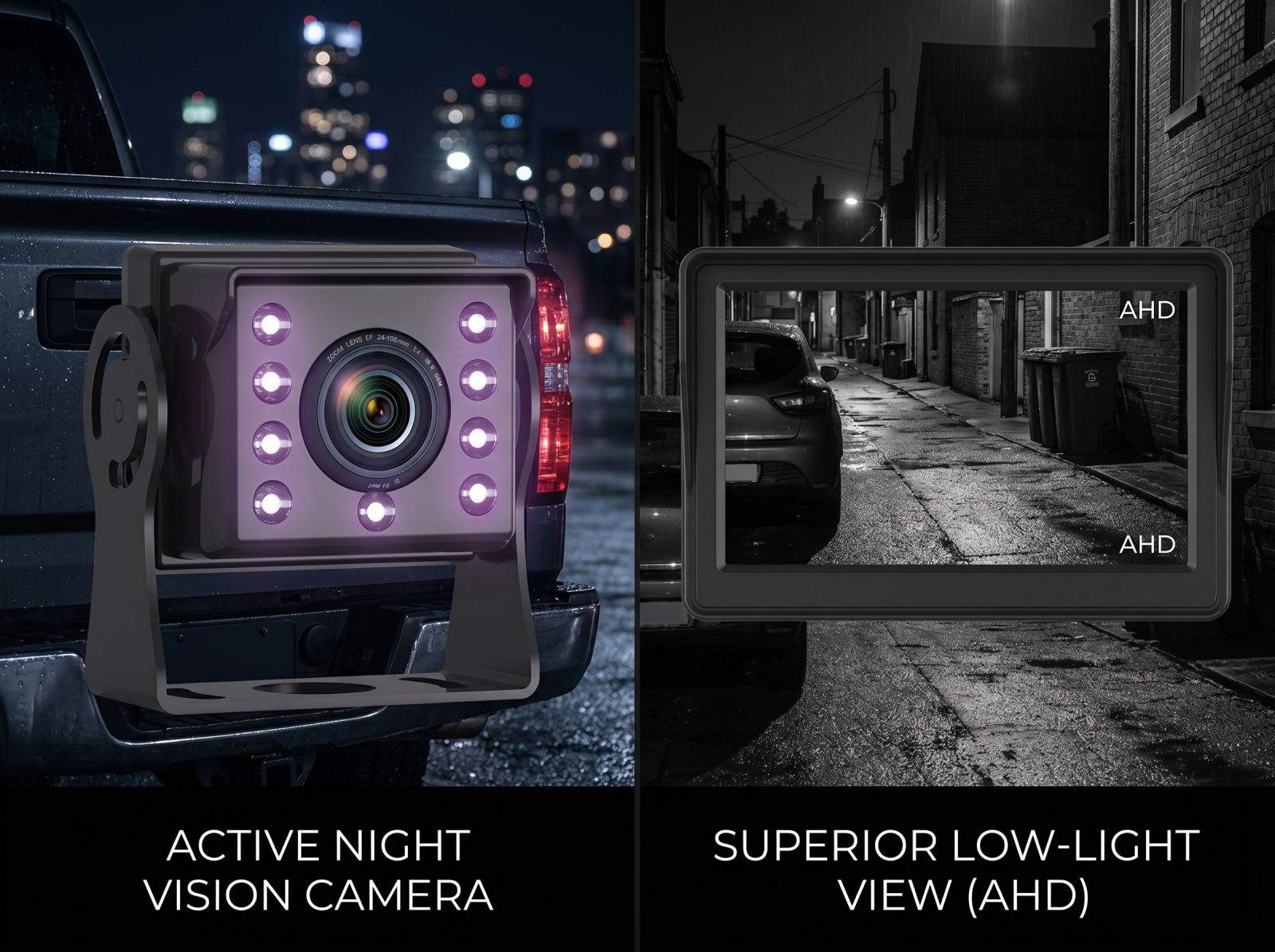 AHD reverse camera with active night vision and low-light view display for safer reversing at night
