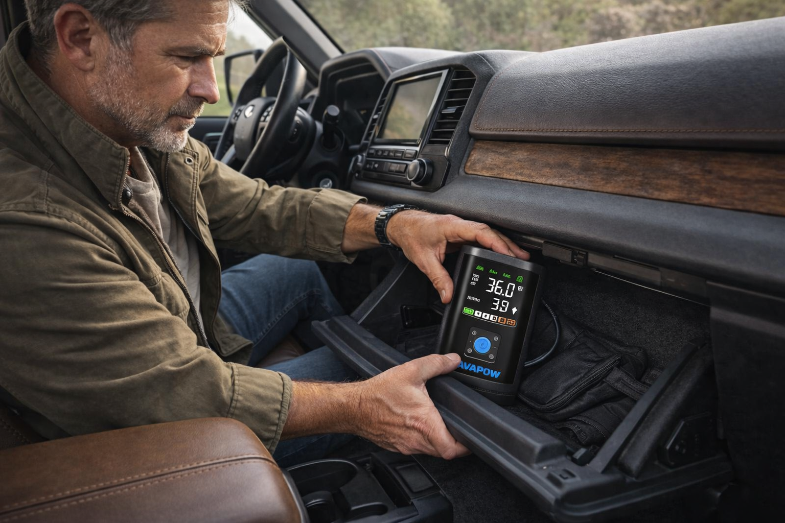 an old man putting his portable tyre inflator in the glove box