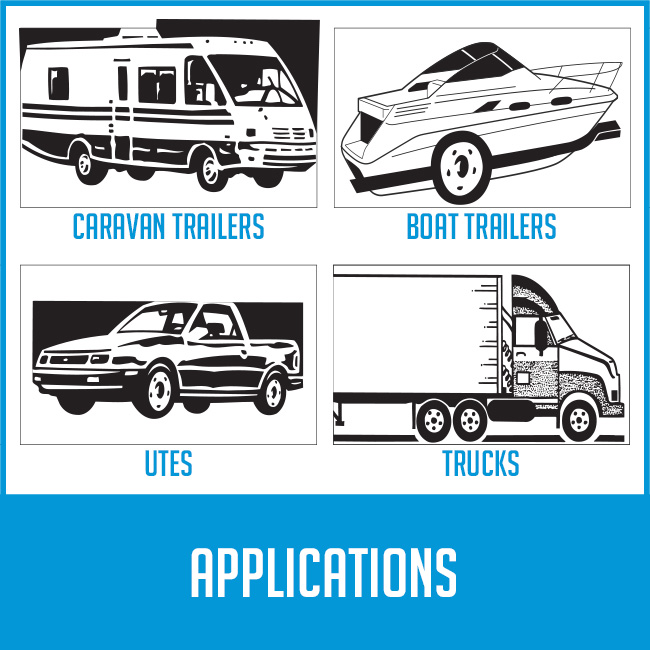 images of caravans trailers, boats, UTEs and trucks with caption "applications"