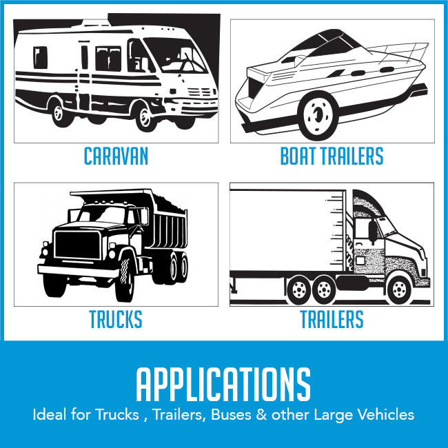 caravans, trucks, trailers and boat trailers with caption "applications"