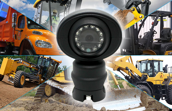 various heavy machinery, with side view camera superimposed with caption "applications"