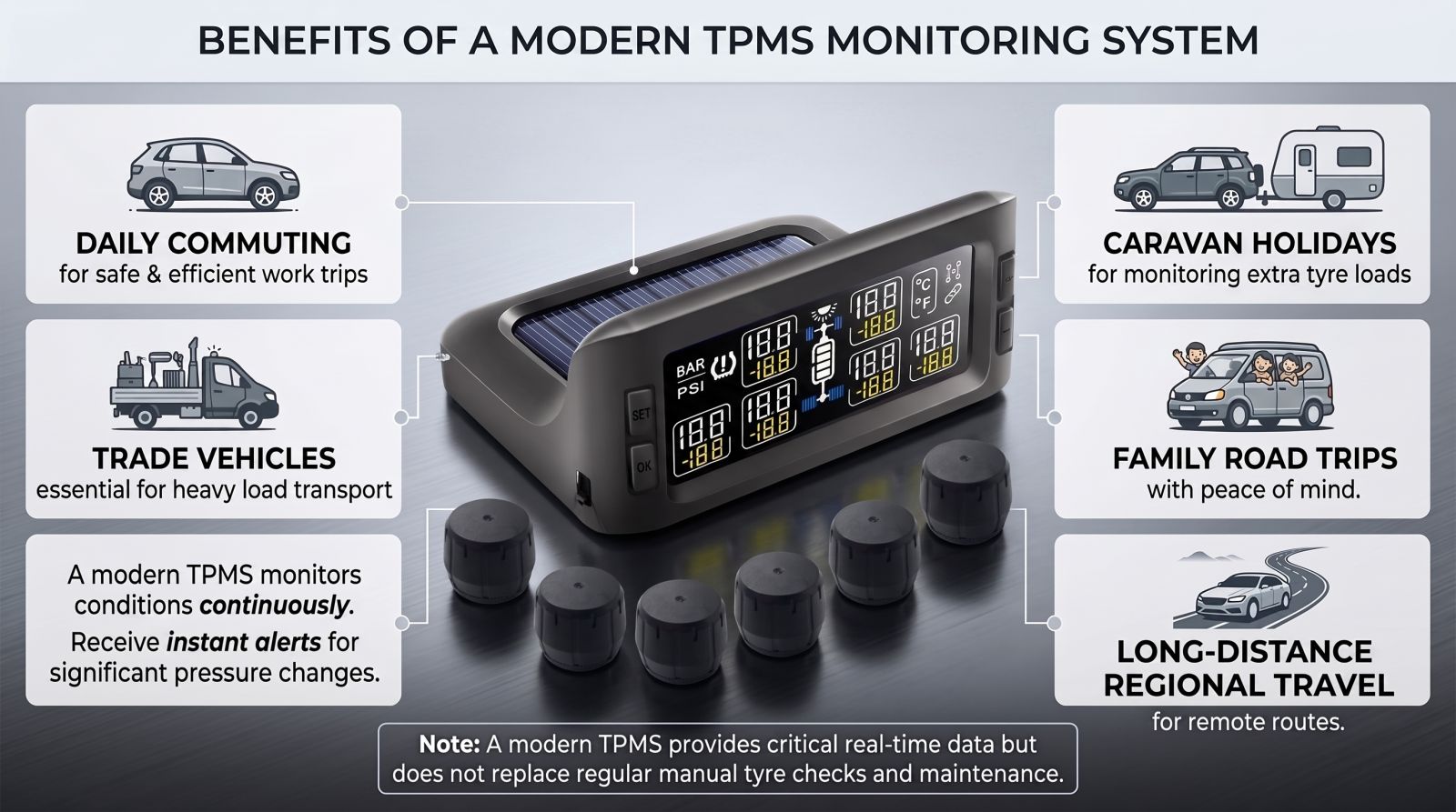 Modern TPMS monitoring system with external tyre sensors showing benefits for commuting, trade vehicles, caravans and road trips.