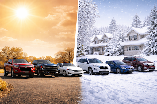 various vehicles parked under the scorching sun on one side and in a snow covered area on the other side