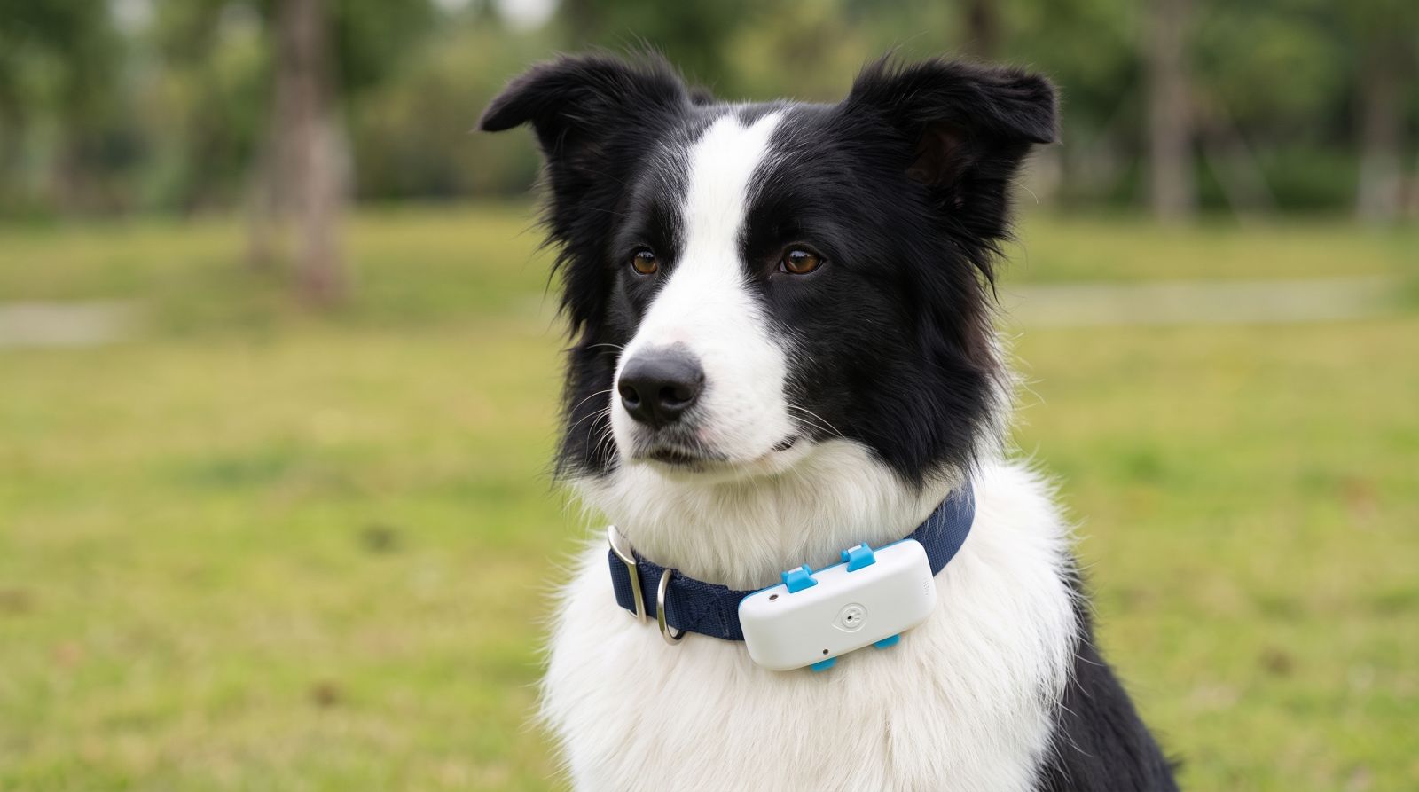 Border Collie wearing a GPS pet tracker collar outdoors