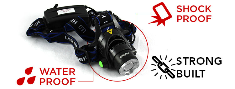 cree headlamp flashlight with captions "shock proof, strong-built, waterproof"