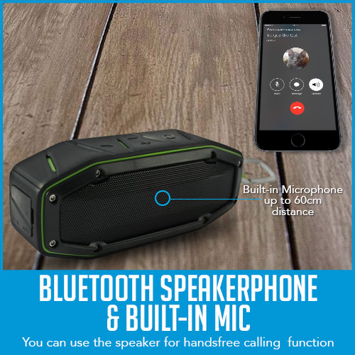 bluetooth speaker with caption "bluetooth speakerphone and built in mic"