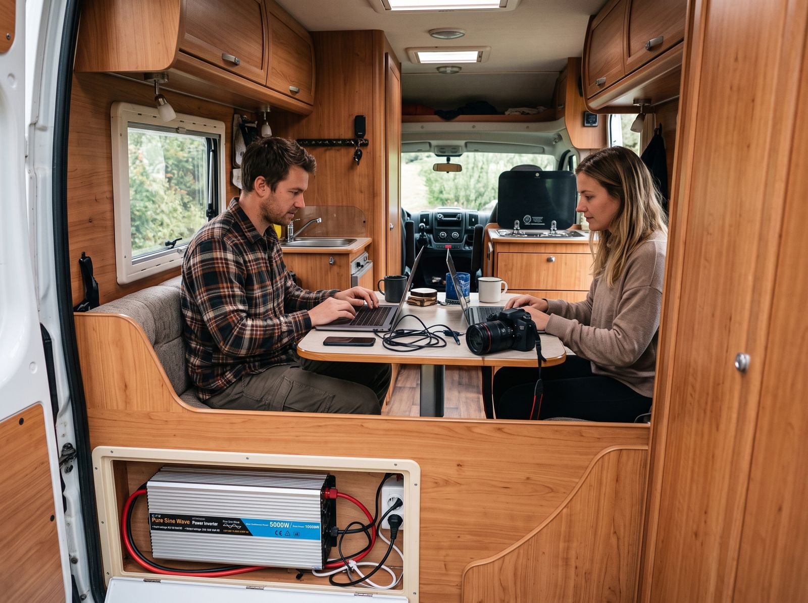 Couple working on laptops inside a camper van with a power inverter installed beneath the seating area.