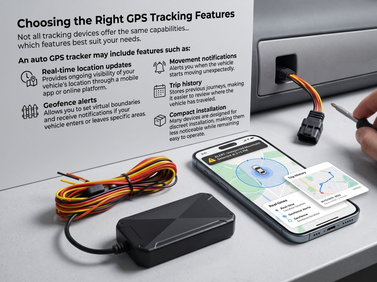 Car GPS tracker with wiring, smartphone app, and feature guide highlighting real-time tracking, geofence alerts, movement notifications, trip history, and compact installation.