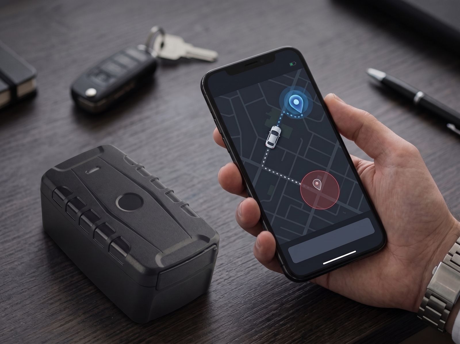 Person holding a smartphone displaying a real-time vehicle location on a GPS tracking app beside a compact wireless car GPS tracker.