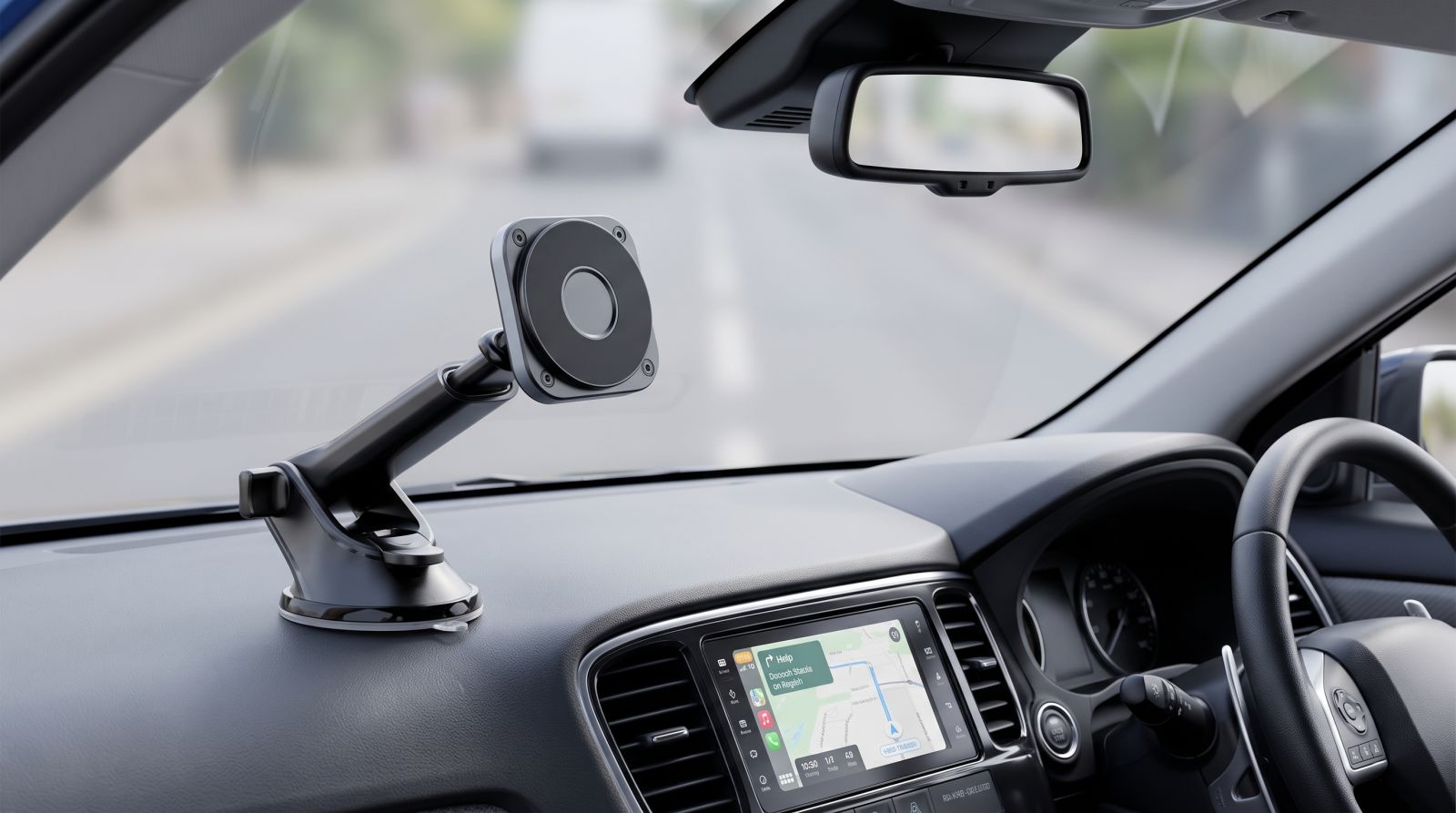 Car phone holder mounted on dashboard with smartphone navigation