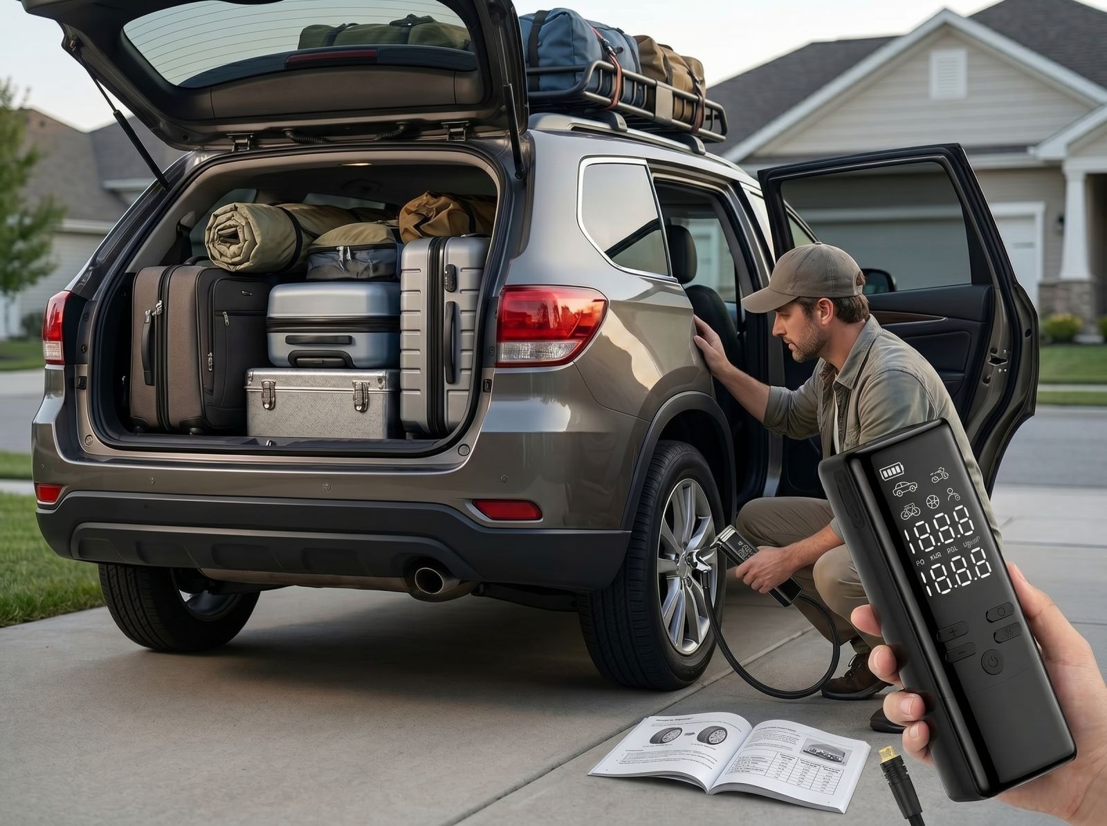 Portable car tyre inflator used beside a packed SUV before a road trip at home