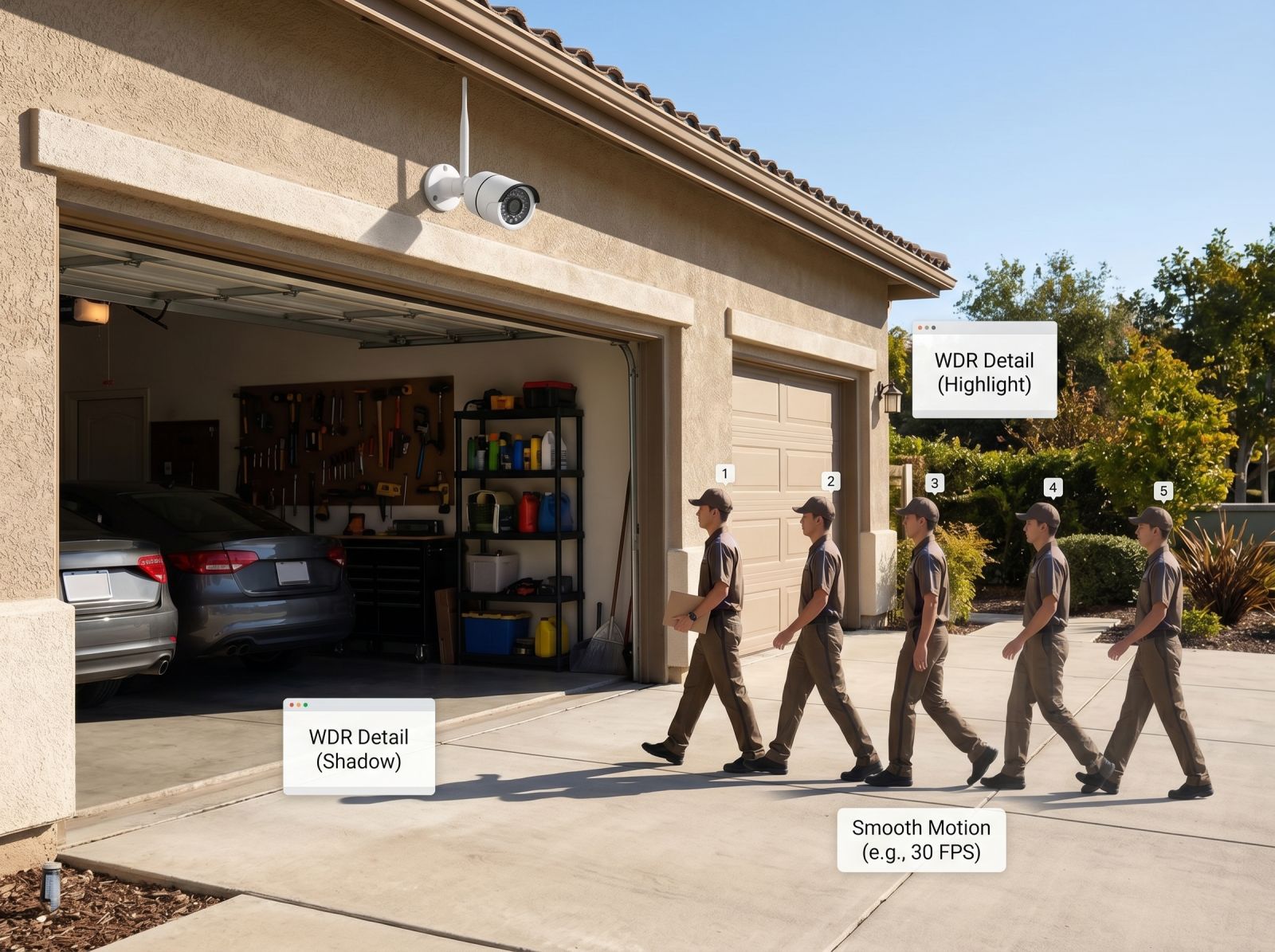 CCTV camera with WDR detail and smooth motion capture monitoring people walking near a bright garage entrance