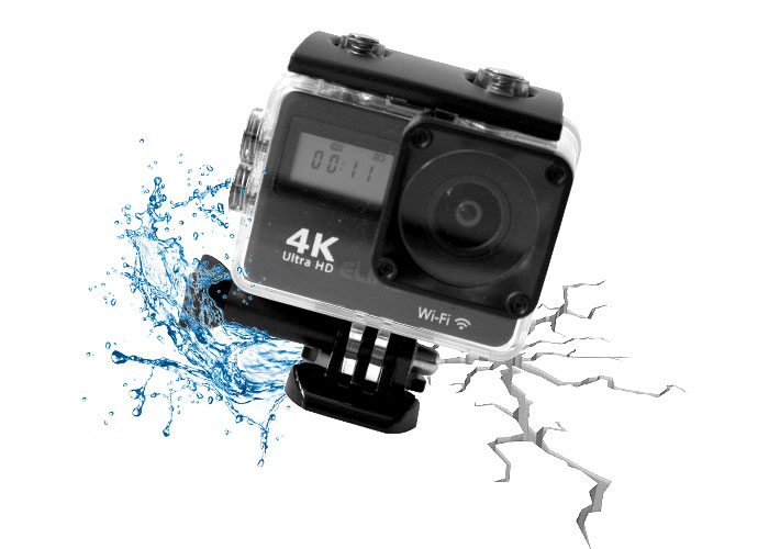 action camera with caption "clear polycarbonate casing"