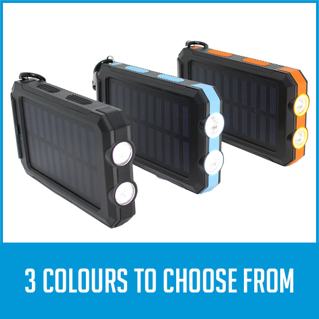 3 solar power banks, 1 in green, 1 in orange, 1 in black