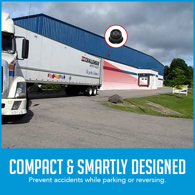 reversing camera mounted on back of truck with caption "compact and smartly designed"