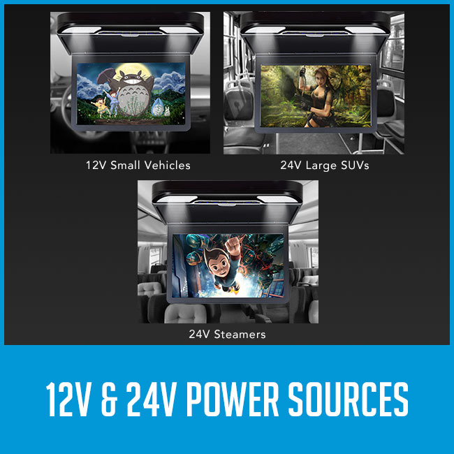roof mount flip down car dvd player with caption "12v and 24v sources"