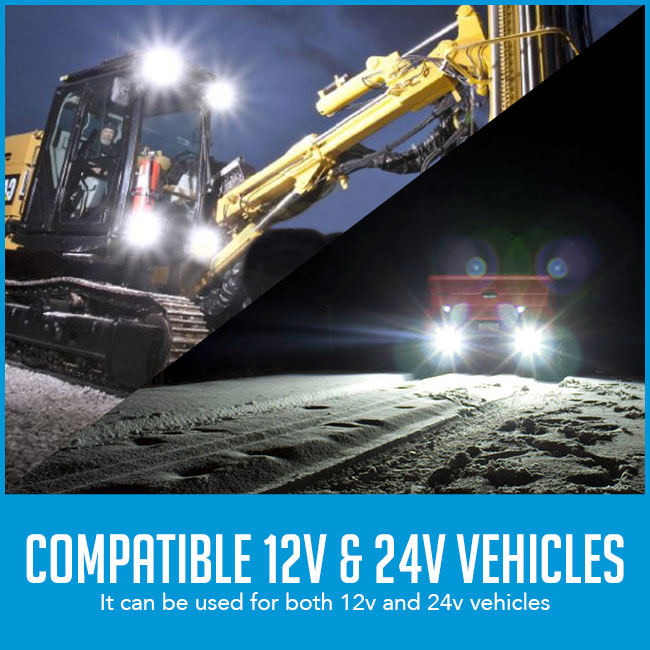construction vehicle with caption "compatibale with 12v & 24v vehicles"