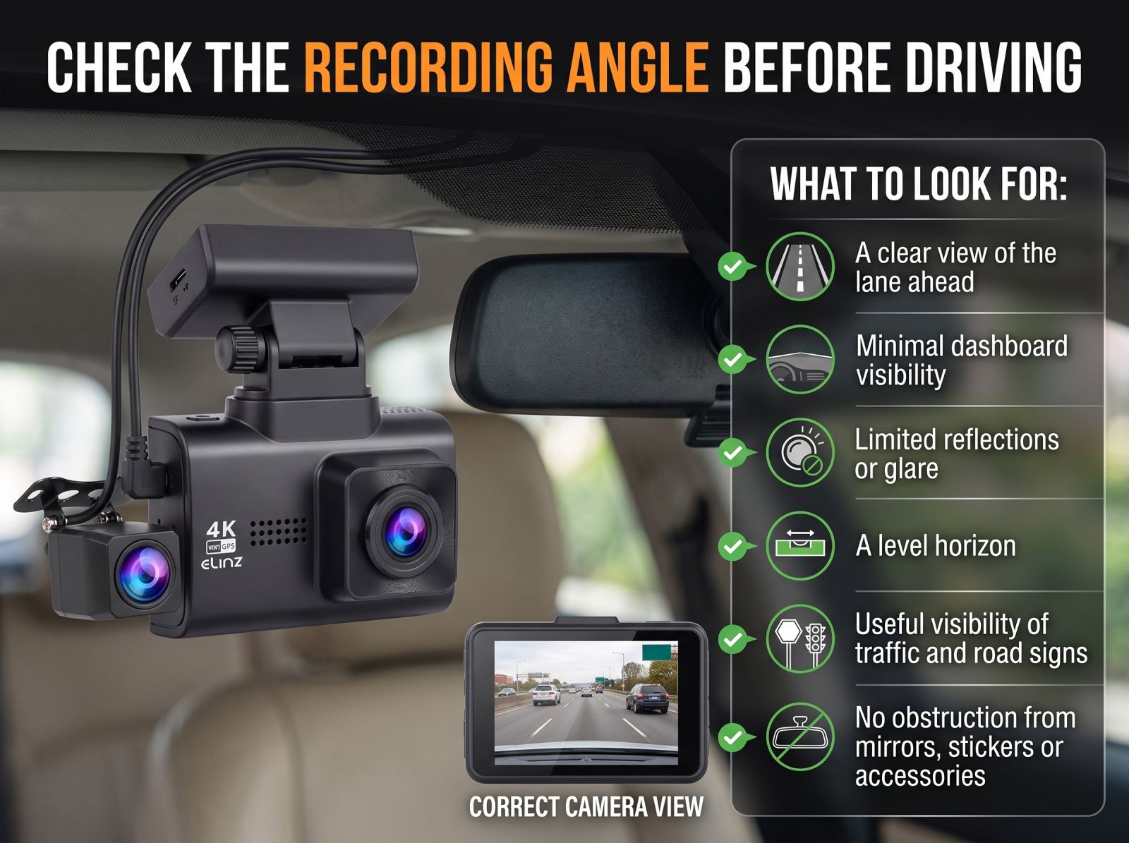 Dash cam recording angle guide showing proper camera positioning for clear road visibility, minimal dashboard glare, and unobstructed traffic footage.