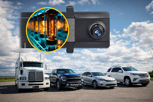various vehicles parked in an open area with a supercapacitor dash cam shown above them