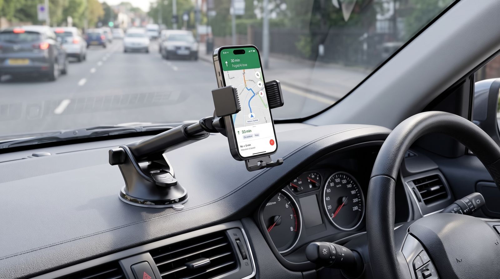 Dashboard car phone holder securely holding a smartphone for navigation