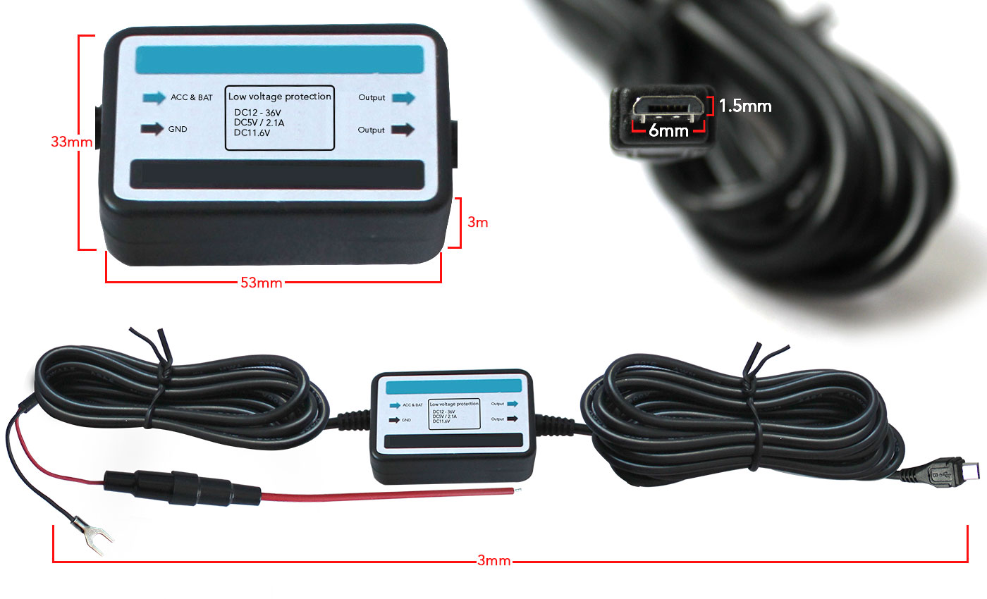 Dimensions Car Dash Cam Hardwire Charger Power Adapter Fuse Kit