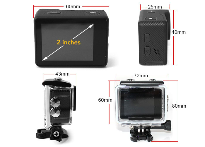 action camera dimensions, 2" screen, 60mm width, 40mm height, 25mm thickness