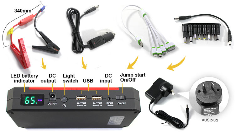maxxlee car battery charger with cables and button labels