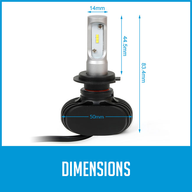 headlight dimensions, 50mm wide, 83.4mm tall, 44.5mm LED tall