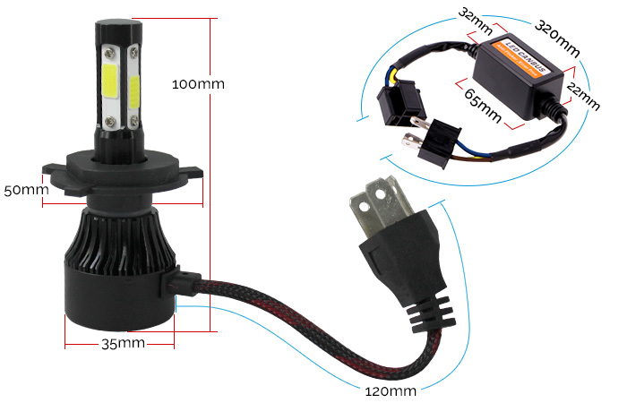 H4 160W LED Healights Dimensions