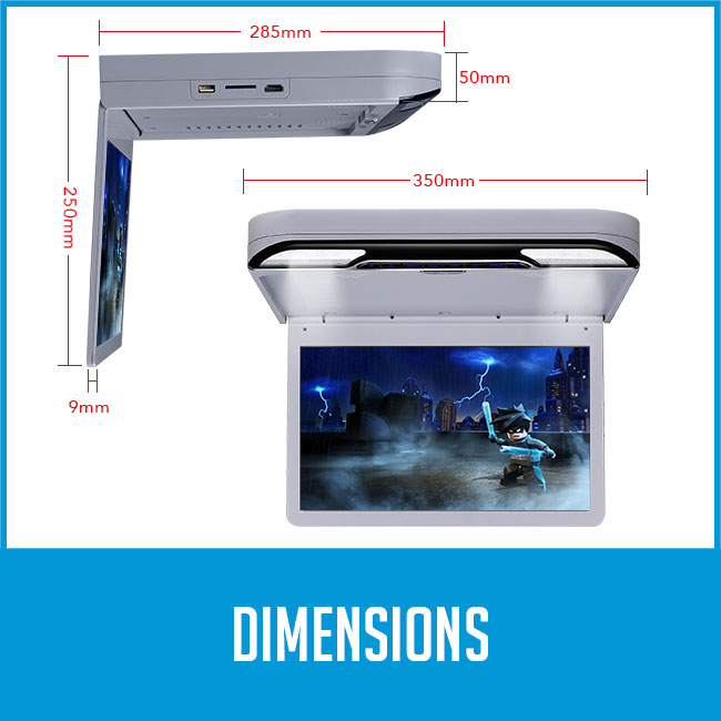 roof mount flip down car dvd player dimensions, 350mm width, 250mm height, 285mm length, screen 9mm thick
