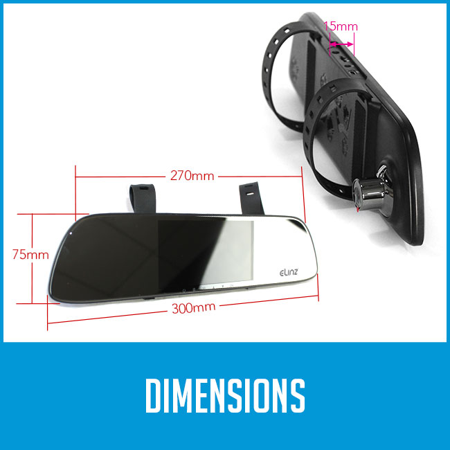 rearview mirror monitor dimensions, 270mm wide at top, 300mm at bottom, 75mm tall