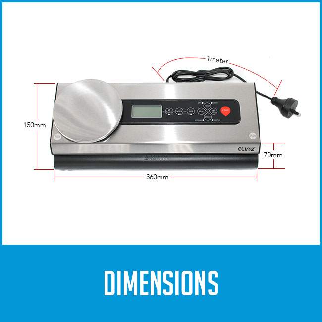 food vacuum sealer dimensions 150mm tall, 360mm wide, 70mm thick