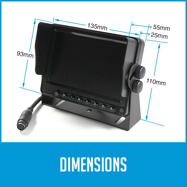 reversing camera monitor dimensions, 135mm wide, 93mm tall