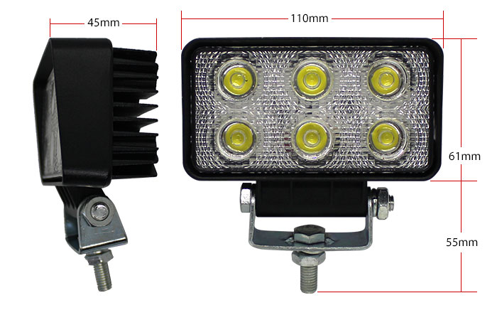 18W Flood LED Work Light Dimensions