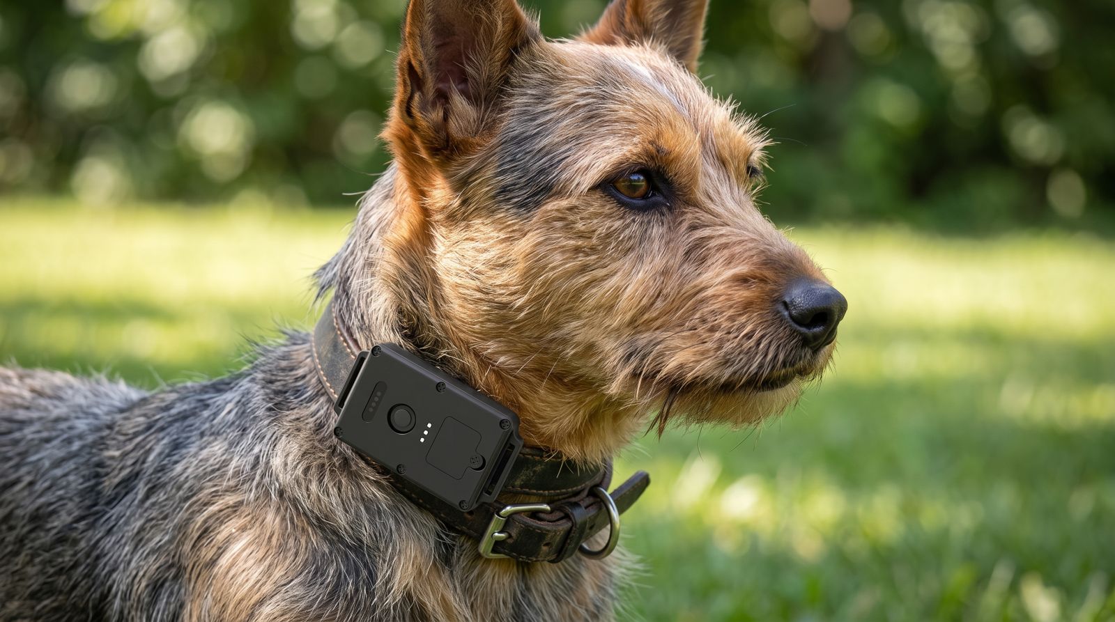 Dog wearing a black GPS pet tracker attached to its collar outdoors