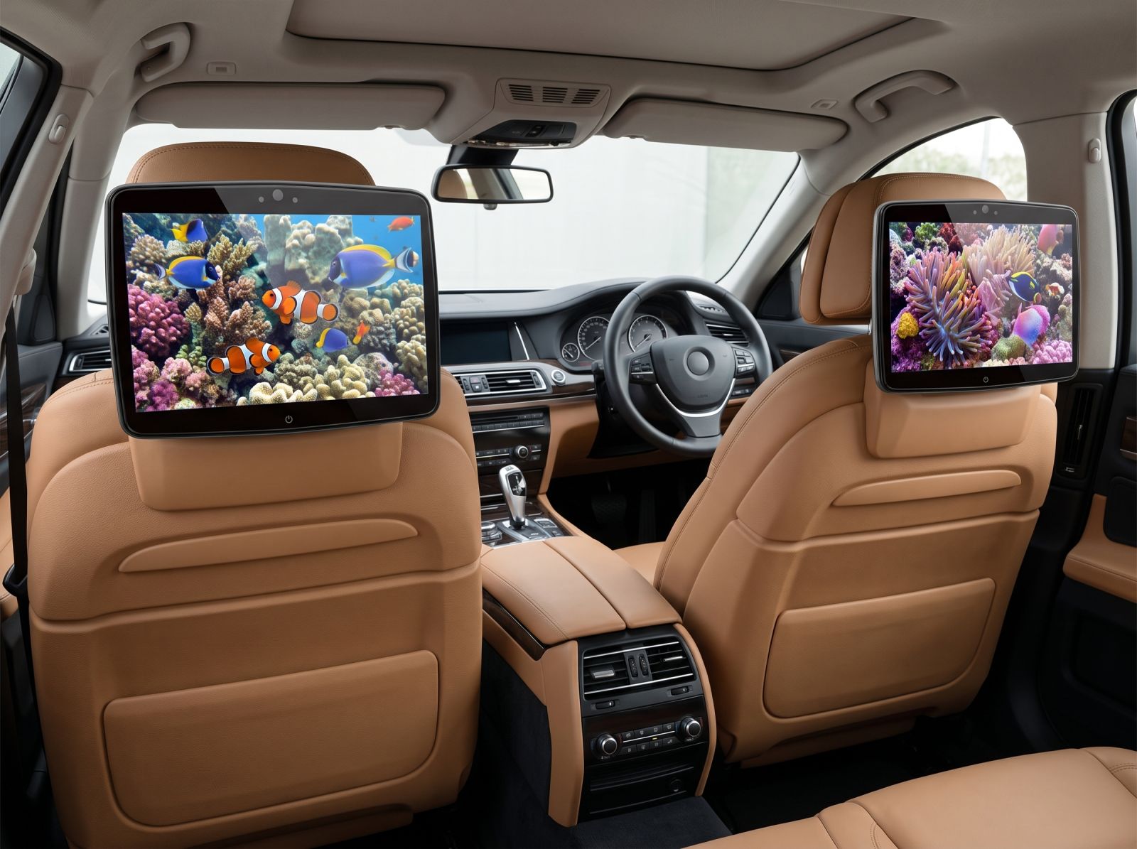 Dual headrest car DVD players displaying colorful videos for rear seat entertainment in a modern vehicle interior.