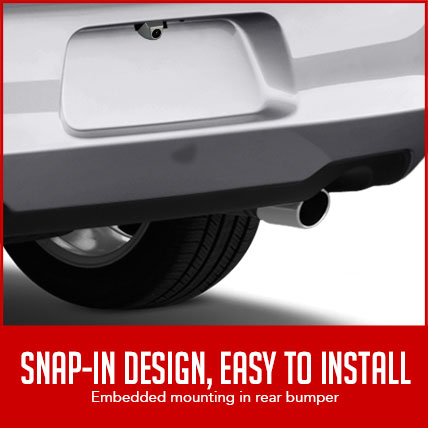 reversing camera in car with label "snap-in design, easy to install"