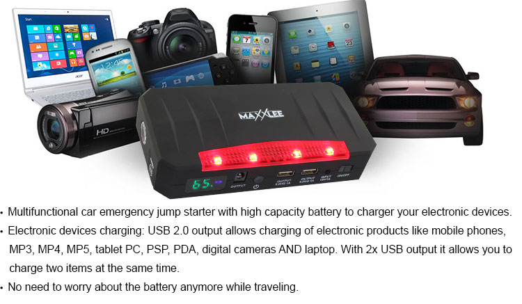 maxxlee car battery charger jump starter with multiple devices
