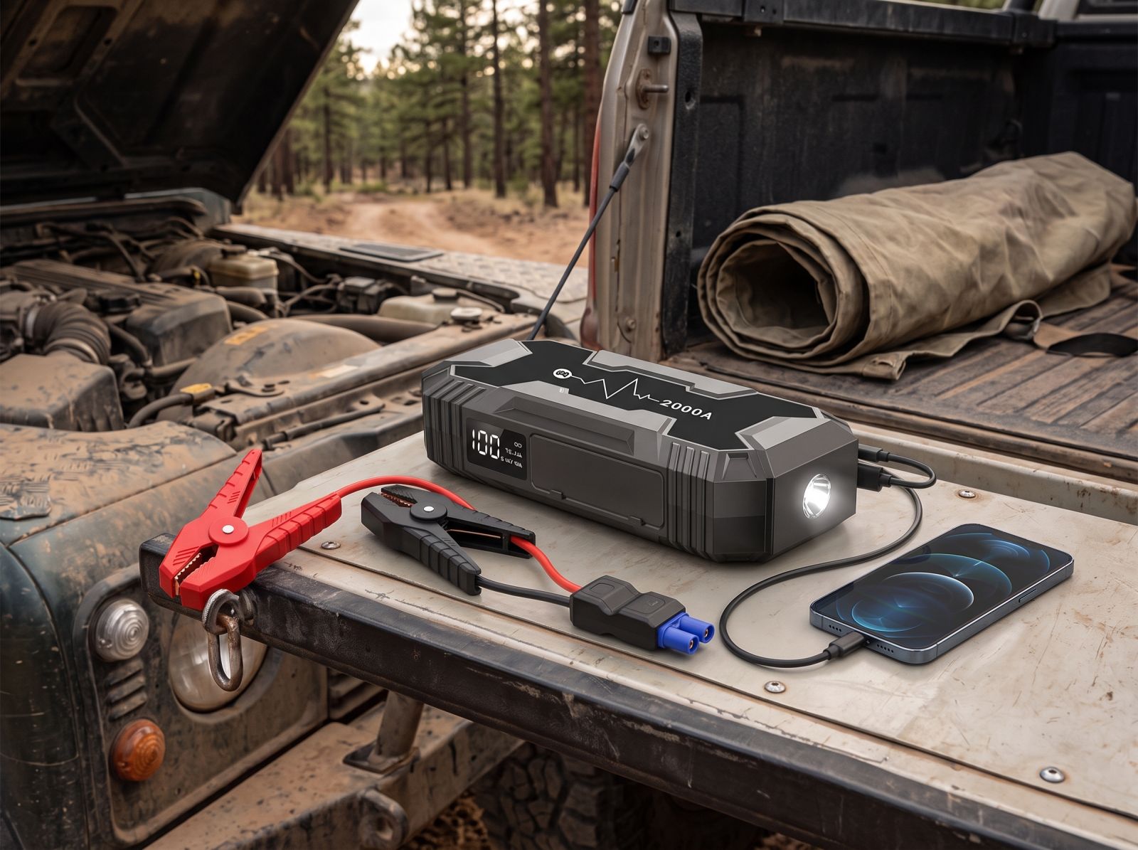Elinz 2000A portable jump starter charging a smartphone beside jumper cables on the back of an off-road vehicle during an outdoor adventure.
