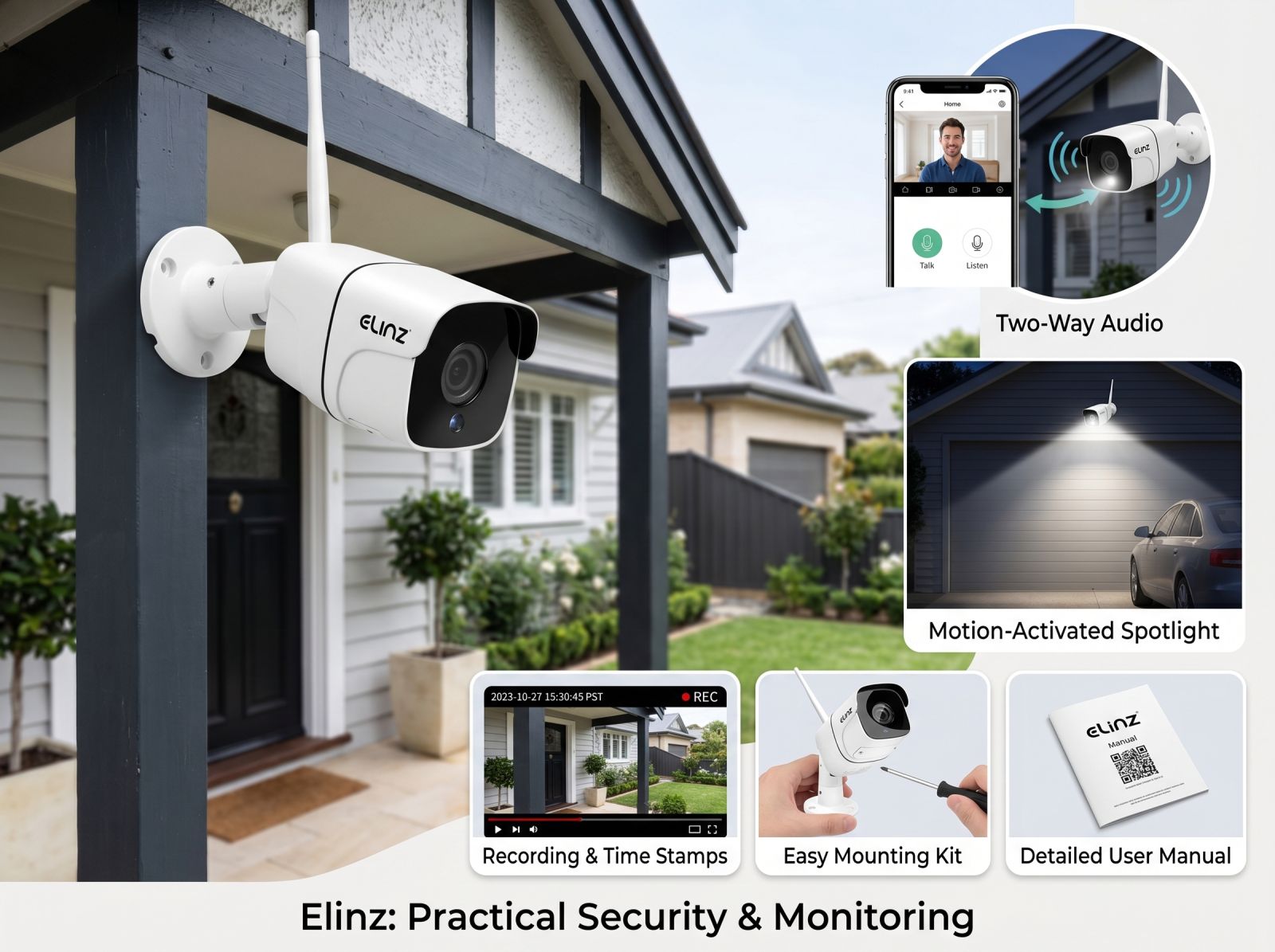 Elinz wireless security camera for home monitoring with two-way audio, spotlight, recording, timestamps, and easy mounting kit