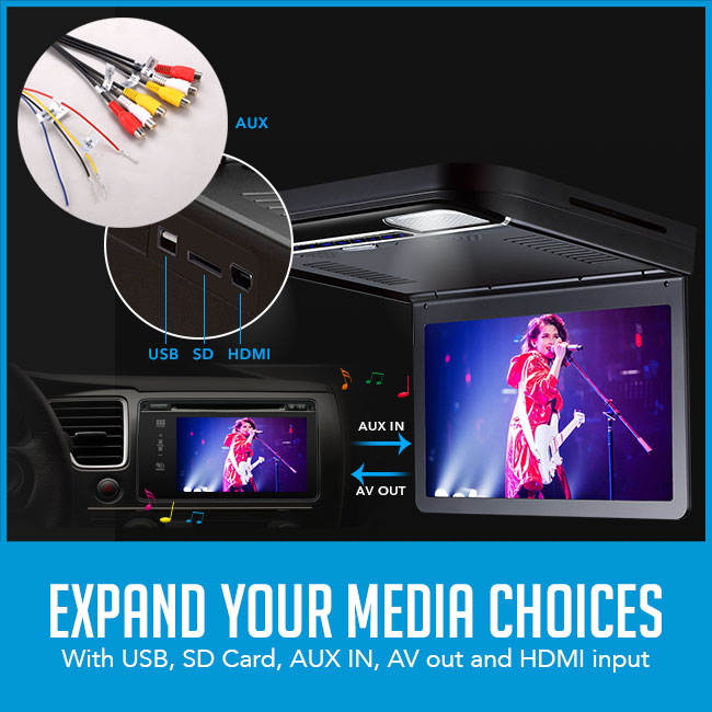 roof mount flip down car dvd player with usb, sd, hdmi ports