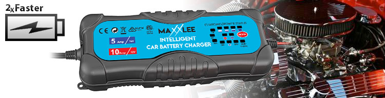 car battery charger with caption "2x faster"