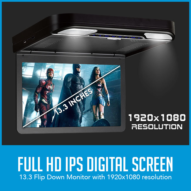 roof mount flip down car dvd player with dimensions, 13" across, 1080p resolution.