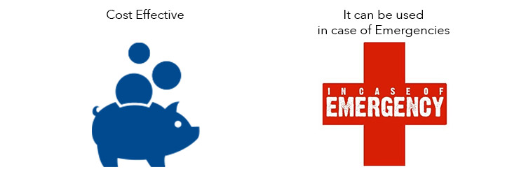 piggy bank with caption "cost effective", red cross with caption "it can be used for emergencies"