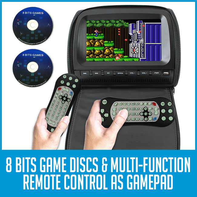car dvd player with IR game pad showing video games. 2 cds labelled 8bit games