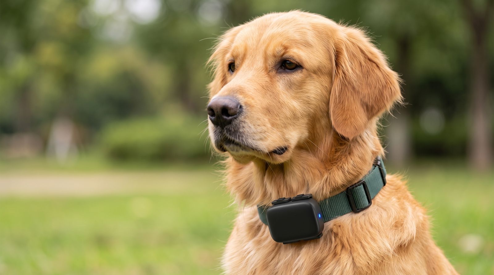 Golden Retriever wearing Elinz GPS pet tracker collar outdoors