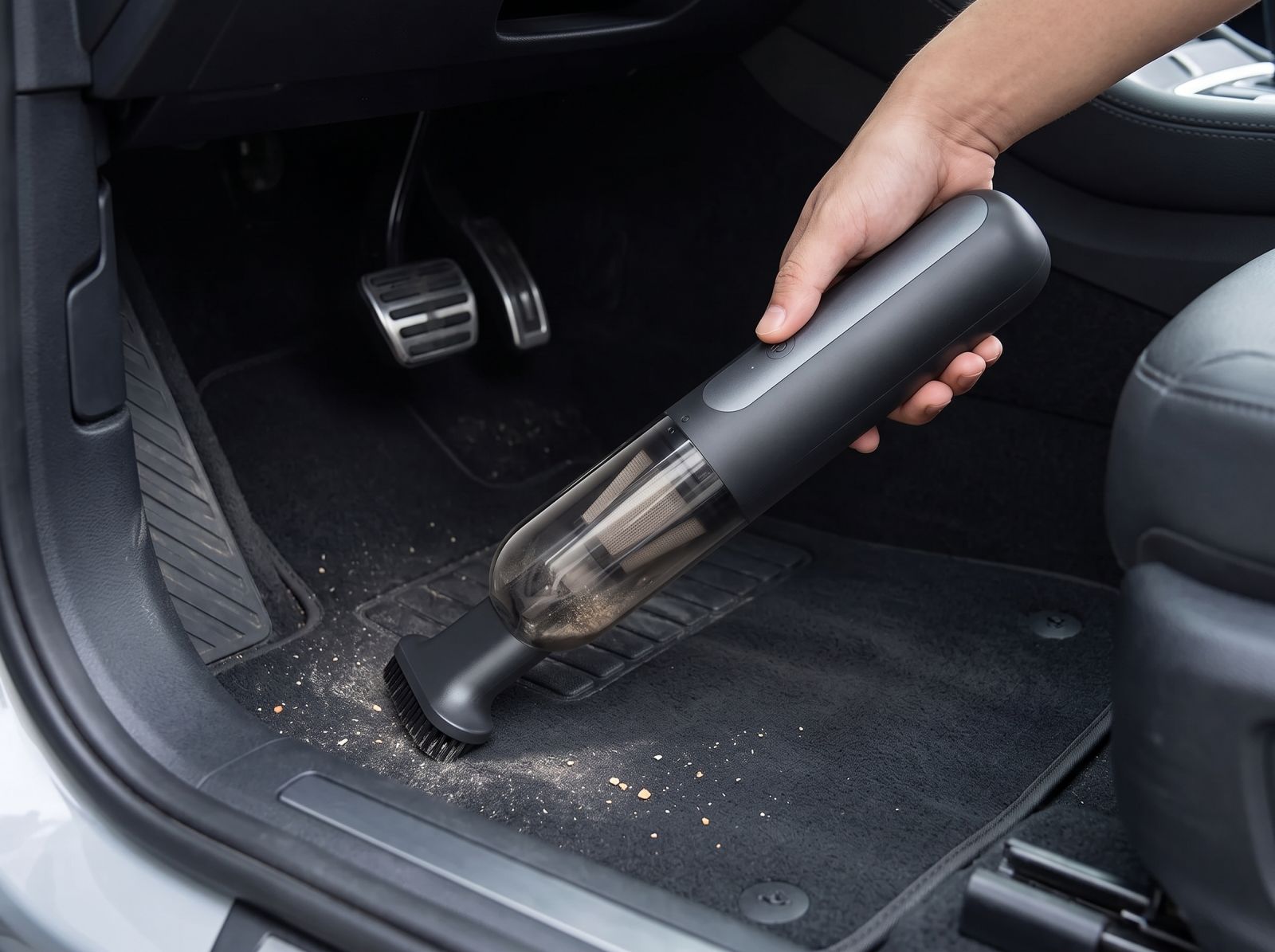 Handheld car vacuum cleaner removing dirt and crumbs from a car floor mat