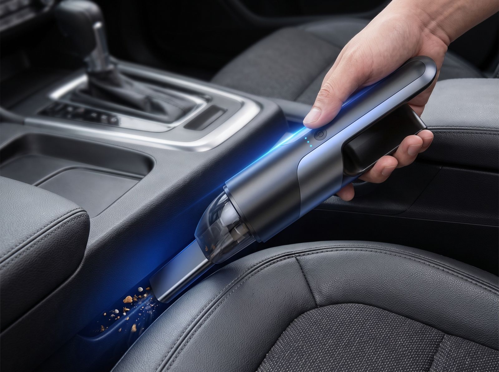 Handheld car vacuum cleaner cleaning crumbs from a tight space between car seats
